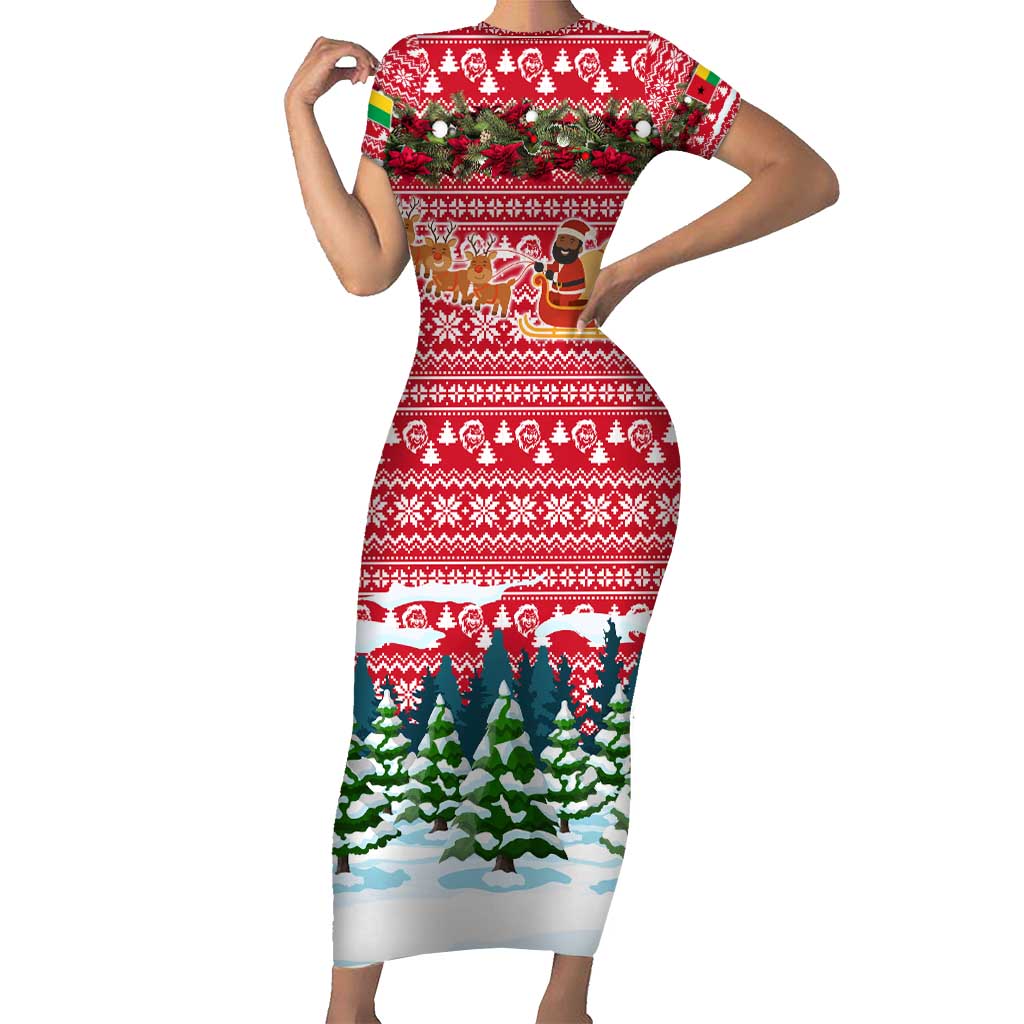 Guinea Bissau Christmas Short Sleeve Bodycon Dress with Santa Sleigh Reindeer Forest and National Flag Design - Wonder Print Shop
