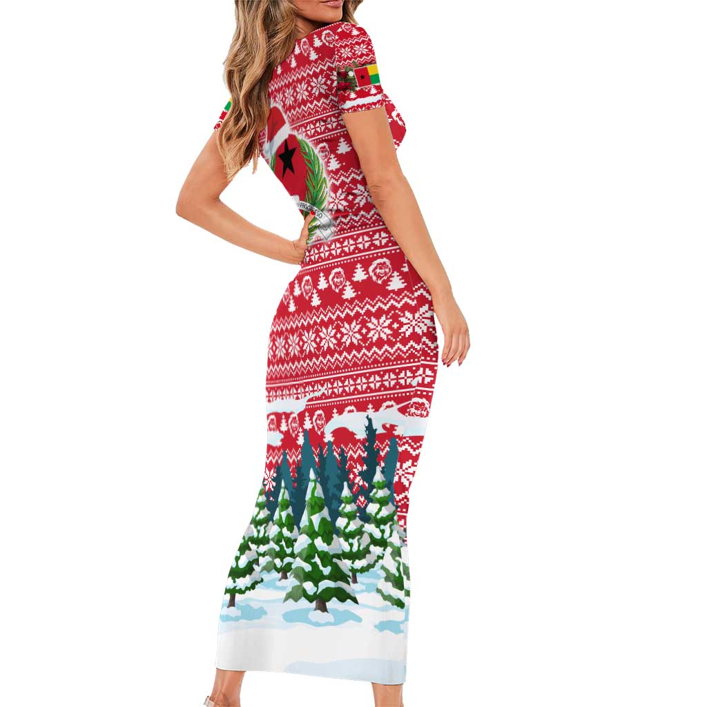 Guinea Bissau Christmas Short Sleeve Bodycon Dress with Santa Sleigh Reindeer Forest and National Flag Design - Wonder Print Shop