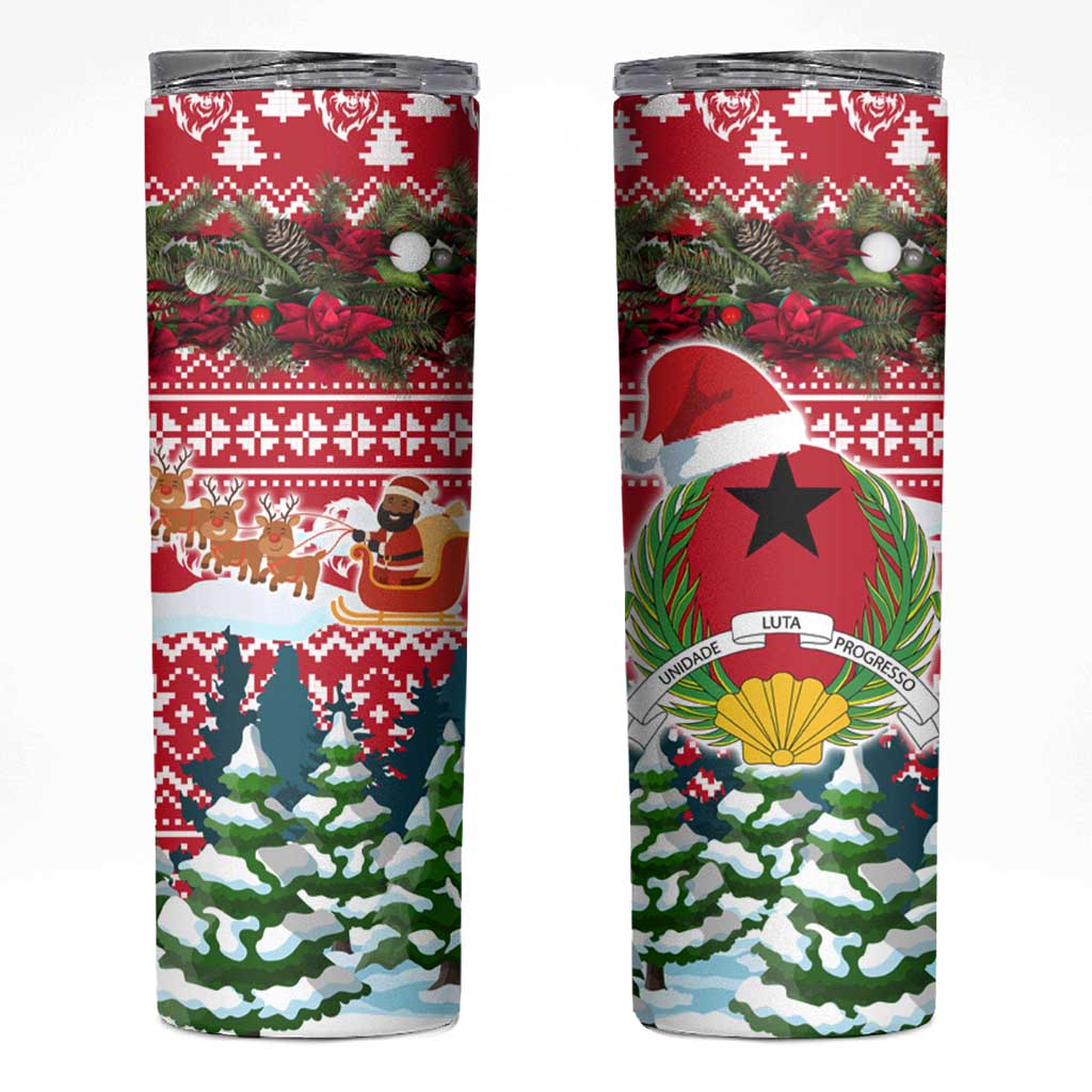 Guinea Bissau Christmas Skinny Tumbler with Santa Sleigh Reindeer Forest and National Flag Design - Wonder Print Shop
