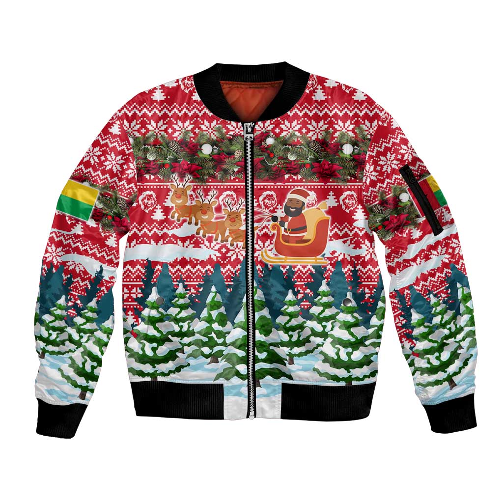 Guinea Bissau Christmas Sleeve Zip Bomber Jacket with Santa Sleigh Reindeer Forest and National Flag Design - Wonder Print Shop