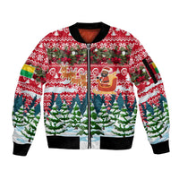 Guinea Bissau Christmas Sleeve Zip Bomber Jacket with Santa Sleigh Reindeer Forest and National Flag Design - Wonder Print Shop