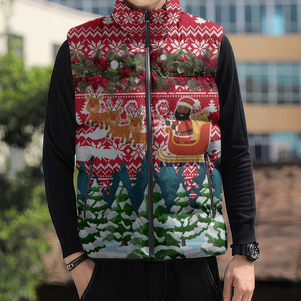 Guinea Bissau Christmas Sleeveless Puffer Jacket with Santa Sleigh Reindeer Forest and National Flag Design - Wonder Print Shop