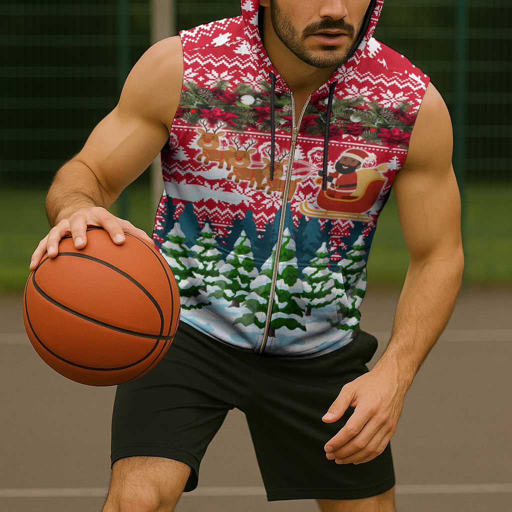 Guinea Bissau Christmas Sleeveless Zip Hoodie with Santa Sleigh Reindeer Forest and National Flag Design - Wonder Print Shop