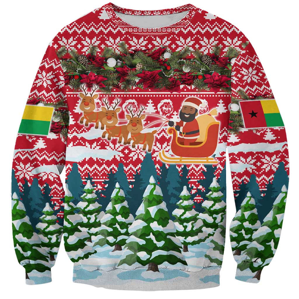 Guinea Bissau Christmas Sweatshirt with Santa Sleigh Reindeer Forest and National Flag Design - Wonder Print Shop
