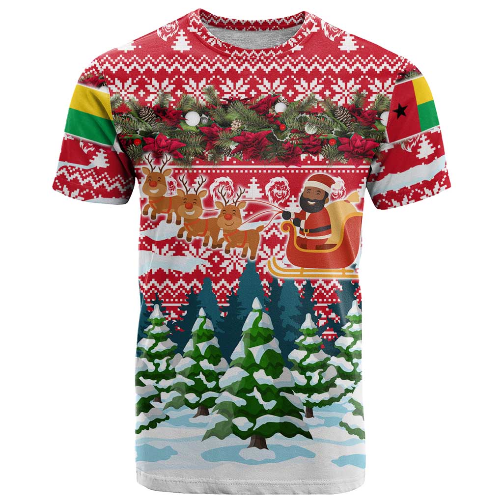 Guinea Bissau Christmas T Shirt with Santa Sleigh Reindeer Forest and National Flag Design - Wonder Print Shop