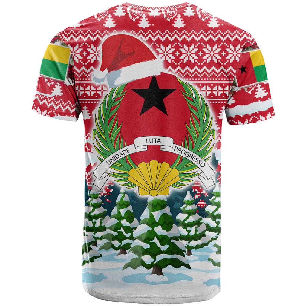 Guinea Bissau Christmas T Shirt with Santa Sleigh Reindeer Forest and National Flag Design - Wonder Print Shop