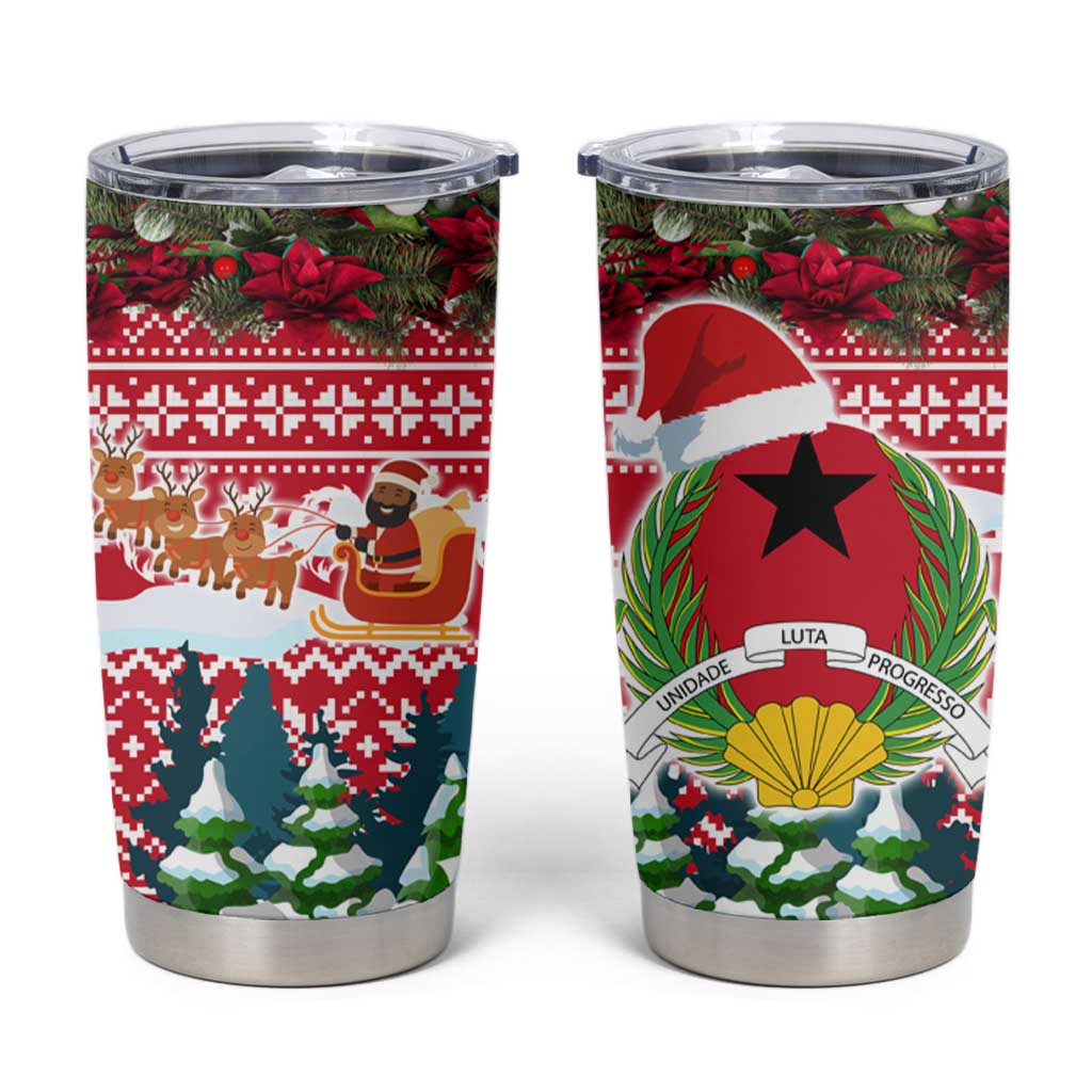 Guinea Bissau Christmas Tumbler Cup with Santa Sleigh Reindeer Forest and National Flag Design - Wonder Print Shop