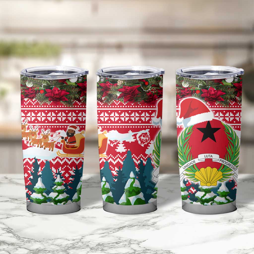 Guinea Bissau Christmas Tumbler Cup with Santa Sleigh Reindeer Forest and National Flag Design - Wonder Print Shop