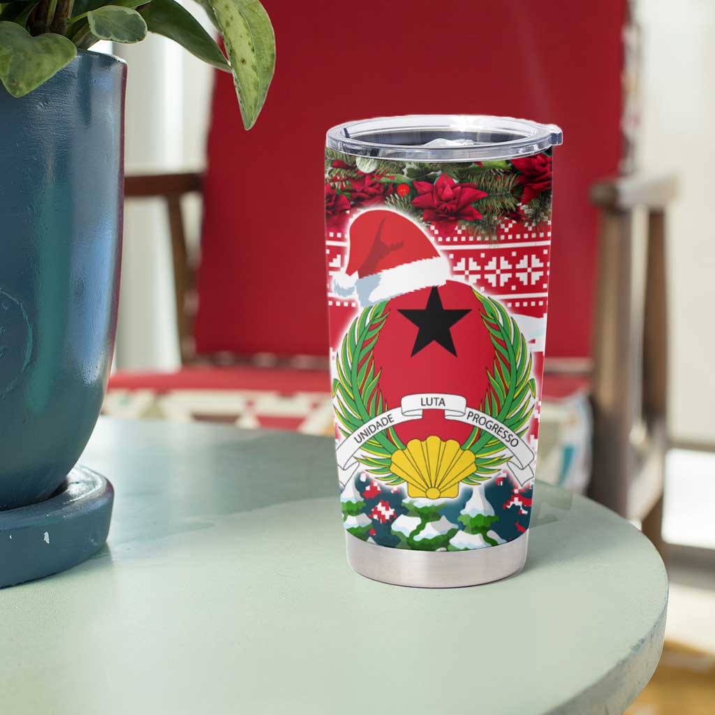 Guinea Bissau Christmas Tumbler Cup with Santa Sleigh Reindeer Forest and National Flag Design - Wonder Print Shop