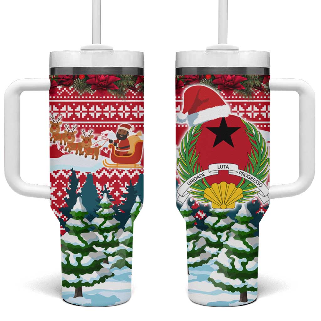 Guinea Bissau Christmas Tumbler With Handle with Santa Sleigh Reindeer Forest and National Flag Design - Wonder Print Shop