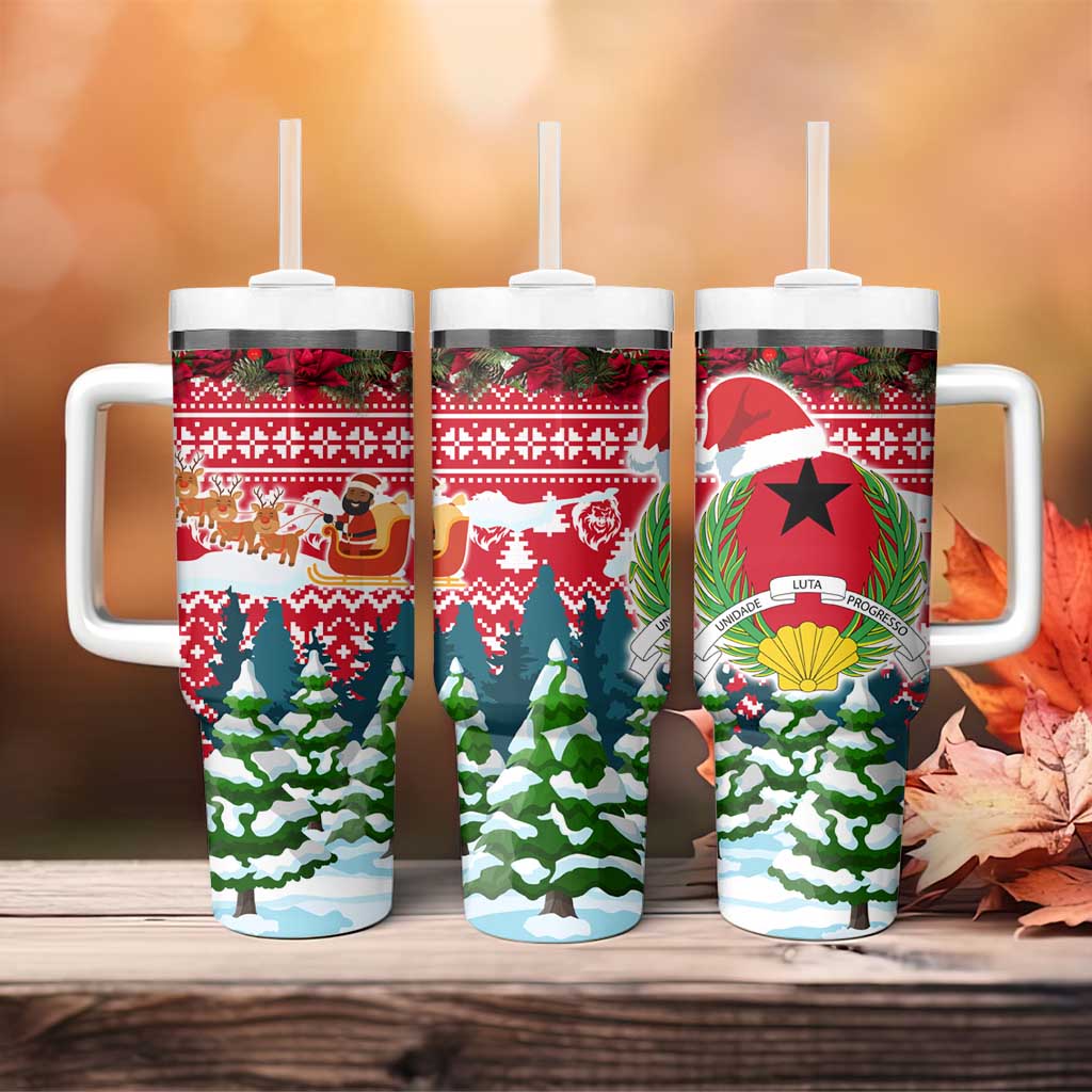 Guinea Bissau Christmas Tumbler With Handle with Santa Sleigh Reindeer Forest and National Flag Design - Wonder Print Shop