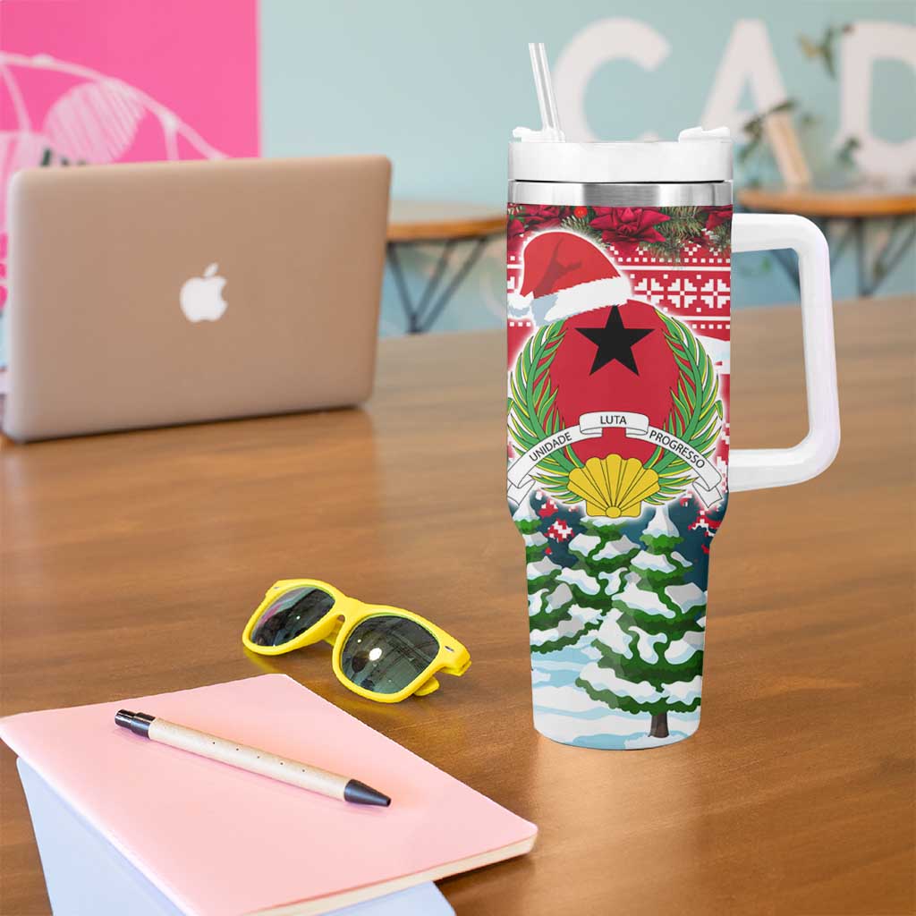 Guinea Bissau Christmas Tumbler With Handle with Santa Sleigh Reindeer Forest and National Flag Design - Wonder Print Shop