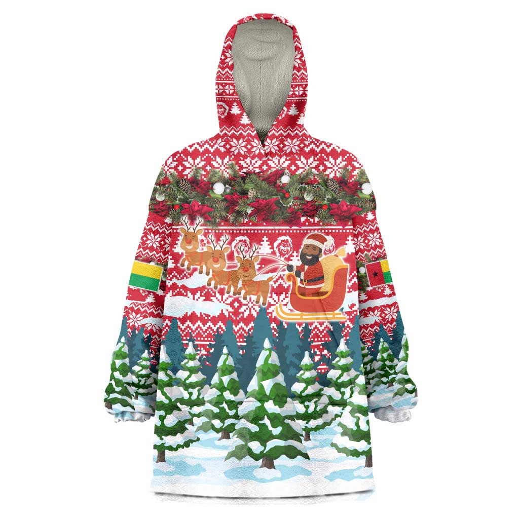 Guinea Bissau Christmas Wearable Blanket Hoodie with Santa Sleigh Reindeer Forest and National Flag Design - Wonder Print Shop