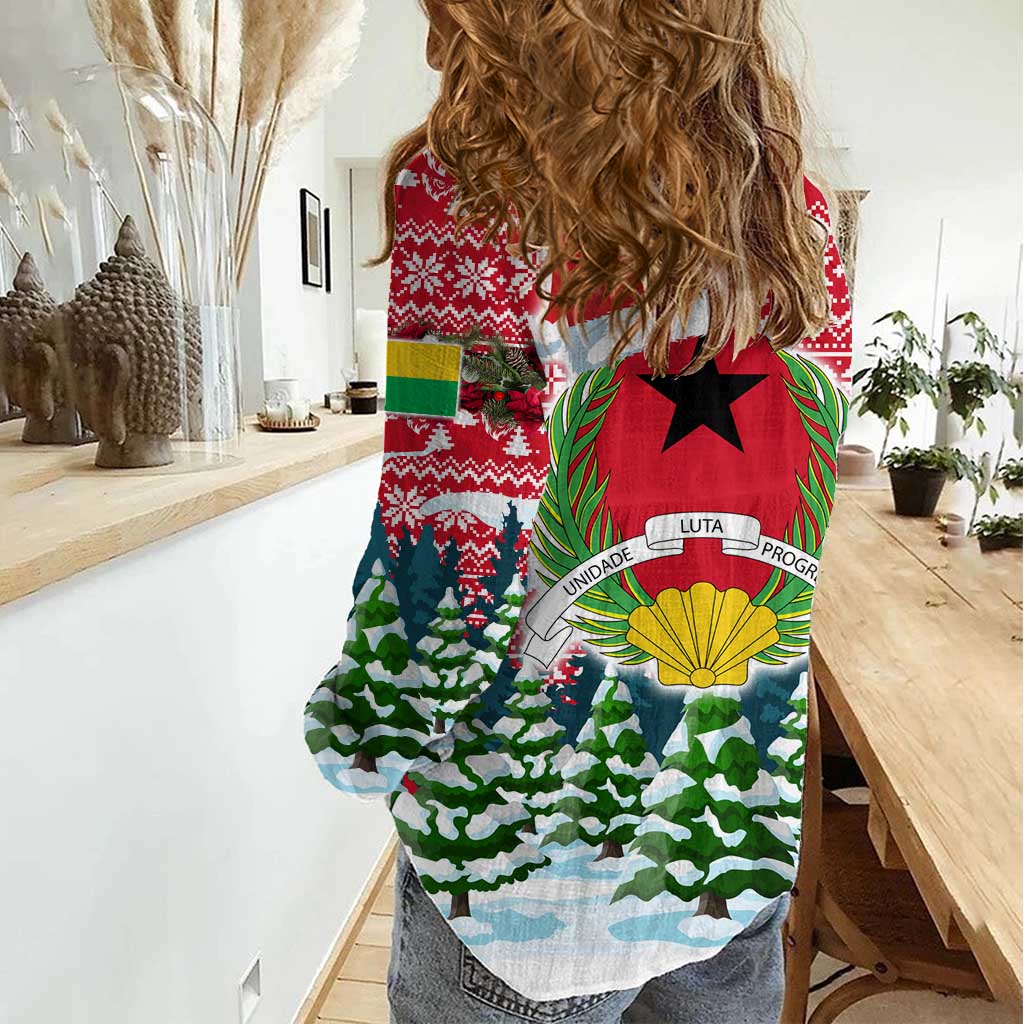 Guinea Bissau Christmas Women Casual Shirt with Santa Sleigh Reindeer Forest and National Flag Design - Wonder Print Shop