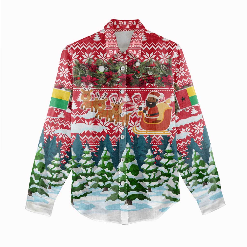 Guinea Bissau Christmas Women Casual Shirt with Santa Sleigh Reindeer Forest and National Flag Design - Wonder Print Shop