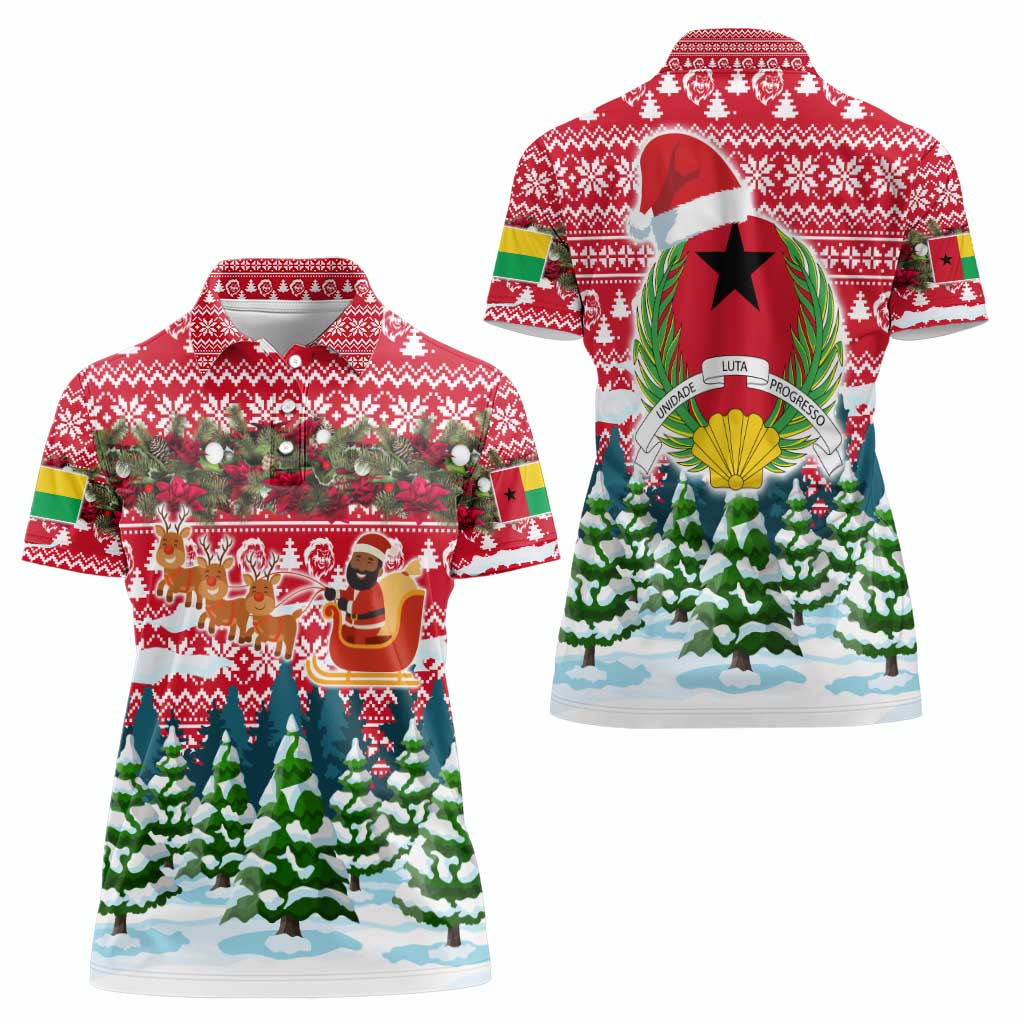 Guinea Bissau Christmas Women Polo Shirt with Santa Sleigh Reindeer Forest and National Flag Design - Wonder Print Shop