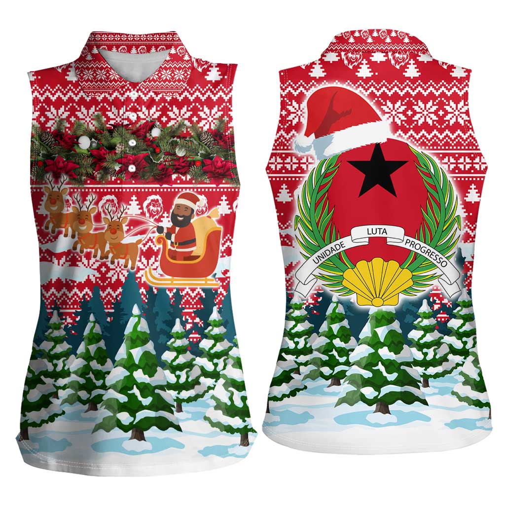 Guinea Bissau Christmas Women Sleeveless Polo Shirt with Santa Sleigh Reindeer Forest and National Flag Design - Wonder Print Shop