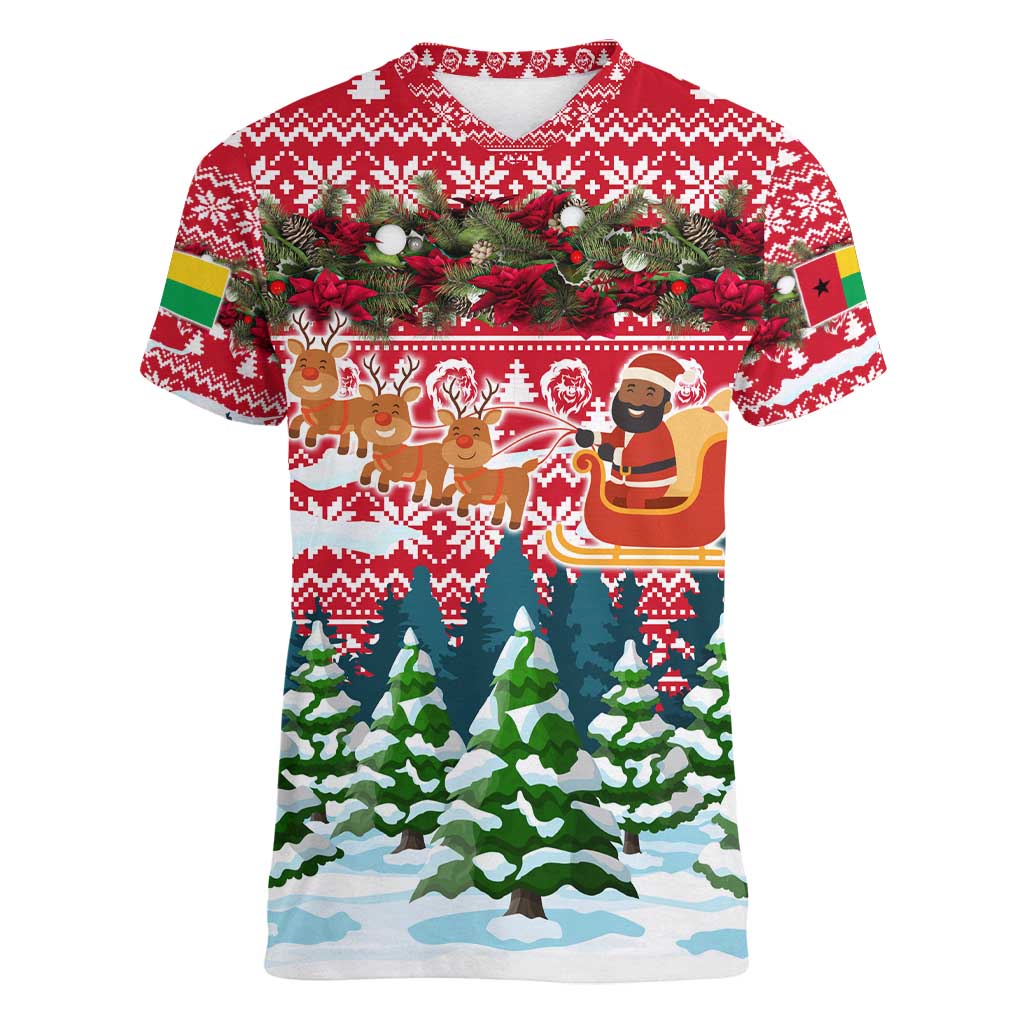 Guinea Bissau Christmas Women V-Neck T-Shirt with Santa Sleigh Reindeer Forest and National Flag Design - Wonder Print Shop