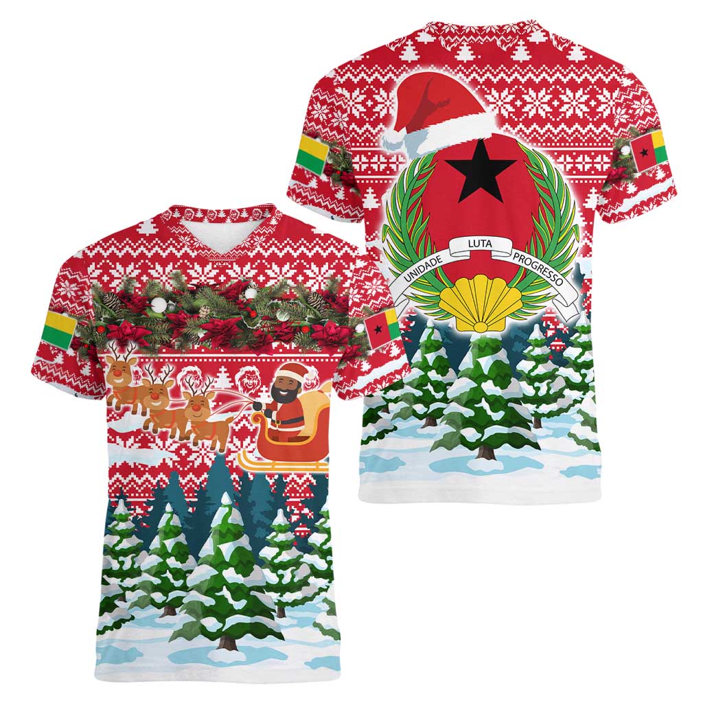 Guinea Bissau Christmas Women V-Neck T-Shirt with Santa Sleigh Reindeer Forest and National Flag Design - Wonder Print Shop