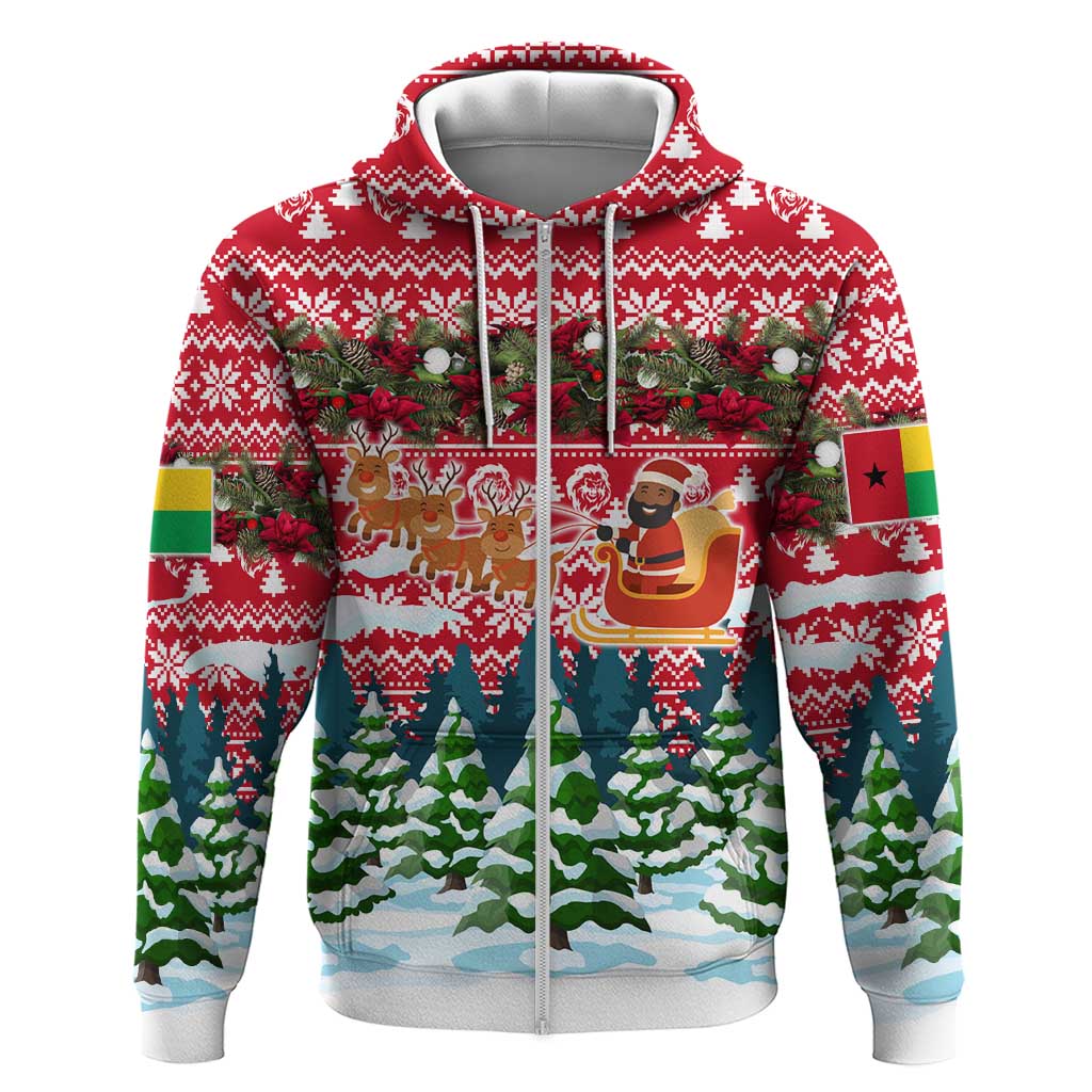 Guinea Bissau Christmas Zip Hoodie with Santa Sleigh Reindeer Forest and National Flag Design - Wonder Print Shop