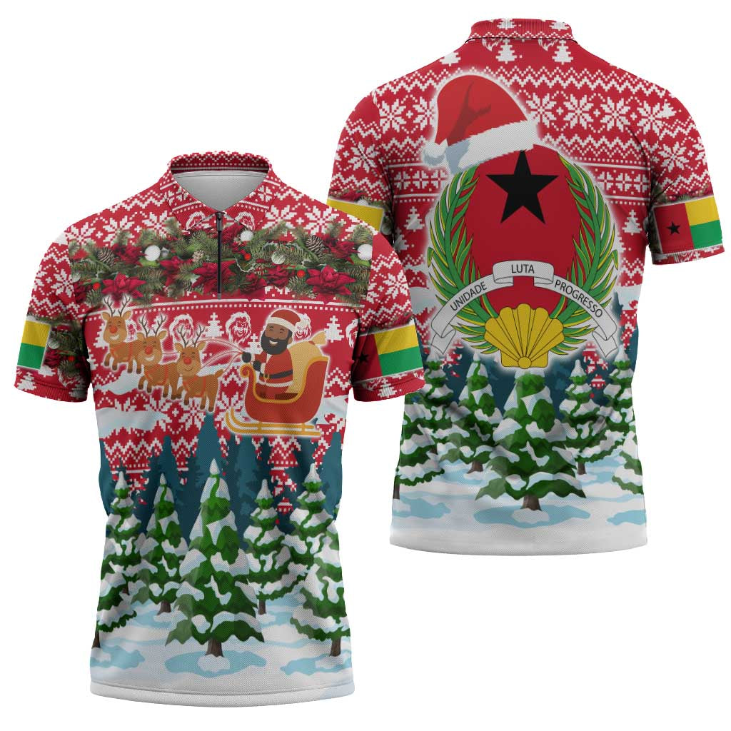 Guinea Bissau Christmas Zipper Polo Shirt with Santa Sleigh Reindeer Forest and National Flag Design - Wonder Print Shop
