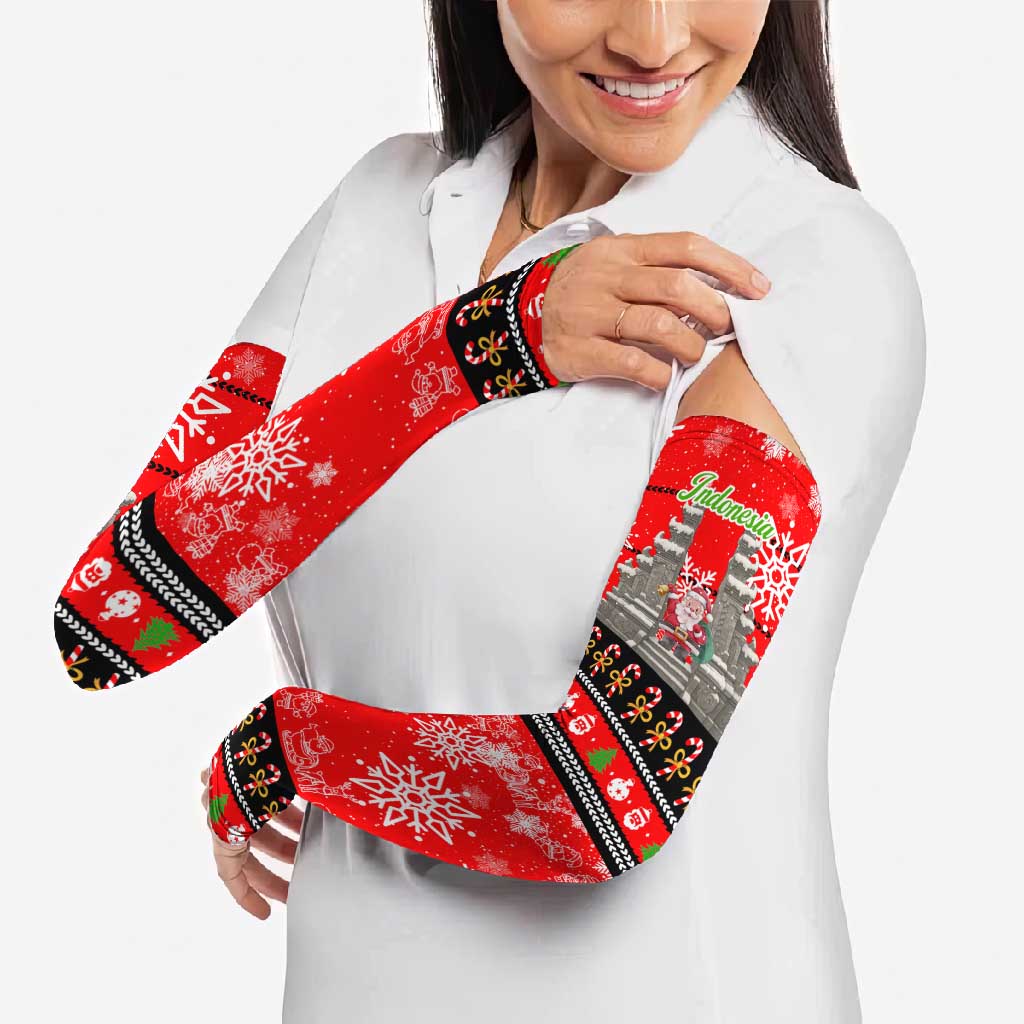Indonesia Christmas Arm Sleeves with Santa Temple Snowflakes and Red Candy Cane Pattern - Wonder Print Shop