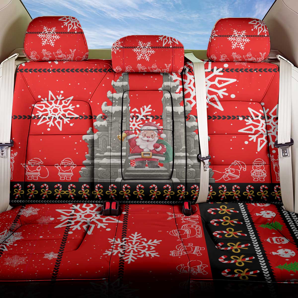Indonesia Christmas Back Car Seat Cover with Santa Temple Snowflakes and Red Candy Cane Pattern - Wonder Print Shop