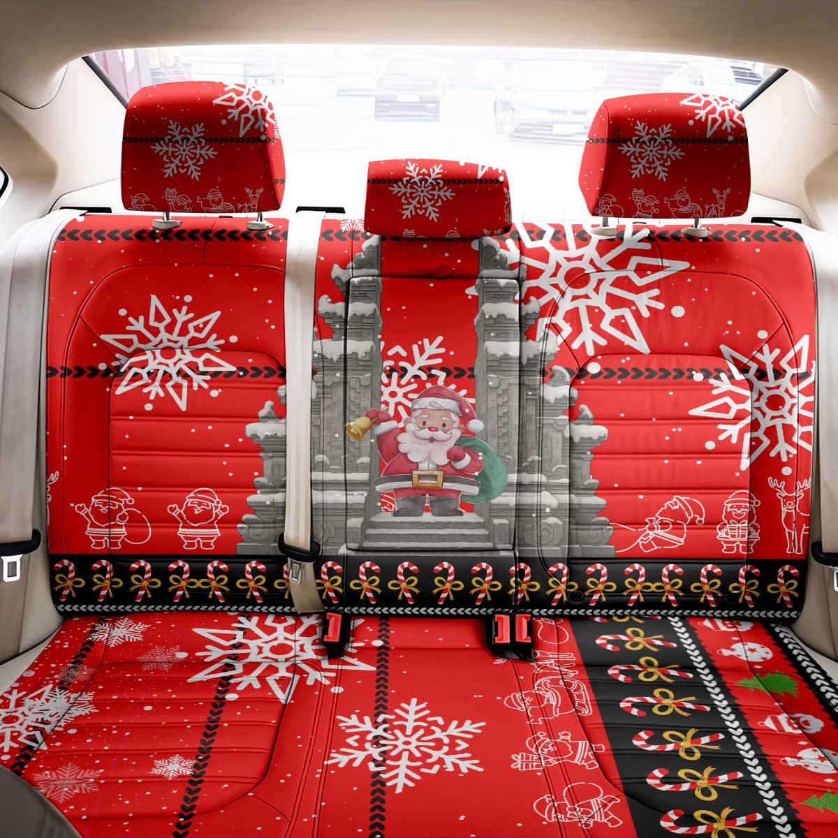 Indonesia Christmas Back Car Seat Cover with Santa Temple Snowflakes and Red Candy Cane Pattern - Wonder Print Shop