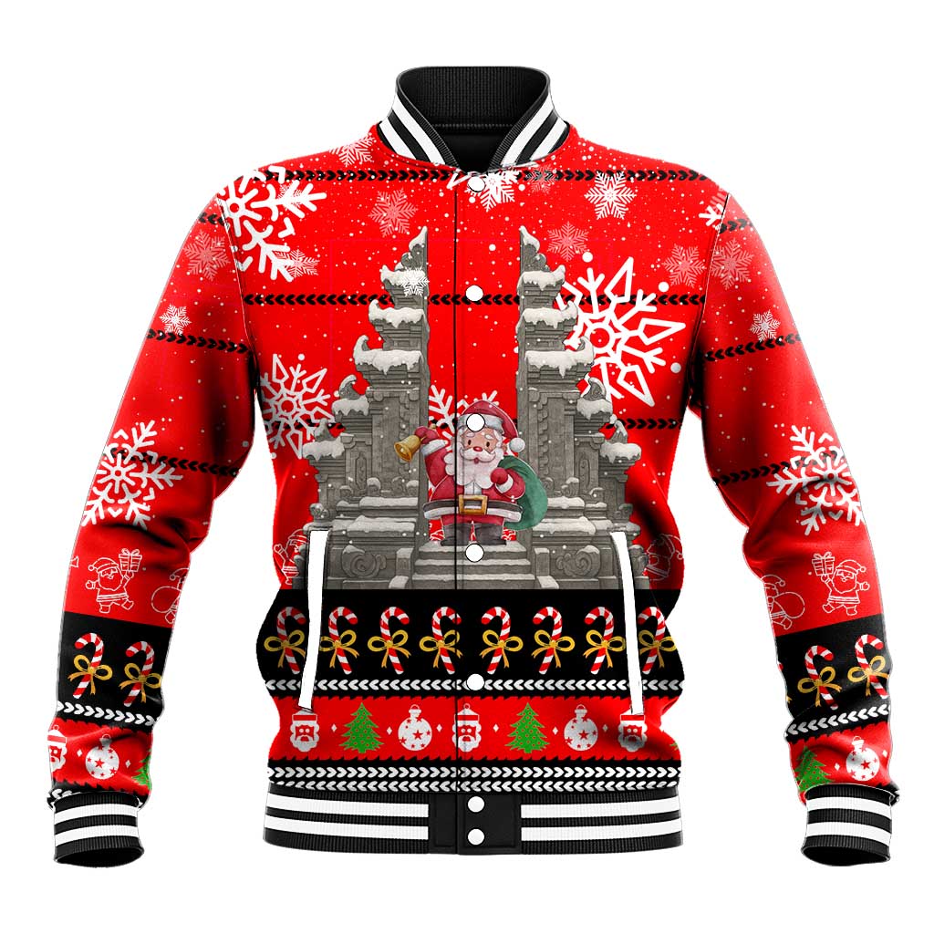 Indonesia Christmas Baseball Jacket with Santa Temple Snowflakes and Red Candy Cane Pattern - Wonder Print Shop