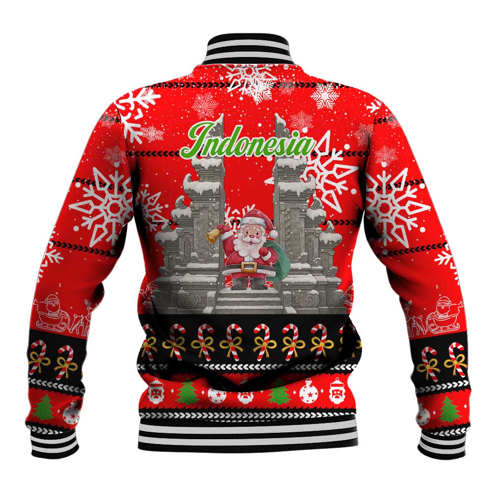 Indonesia Christmas Baseball Jacket with Santa Temple Snowflakes and Red Candy Cane Pattern - Wonder Print Shop
