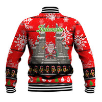 Indonesia Christmas Baseball Jacket with Santa Temple Snowflakes and Red Candy Cane Pattern - Wonder Print Shop