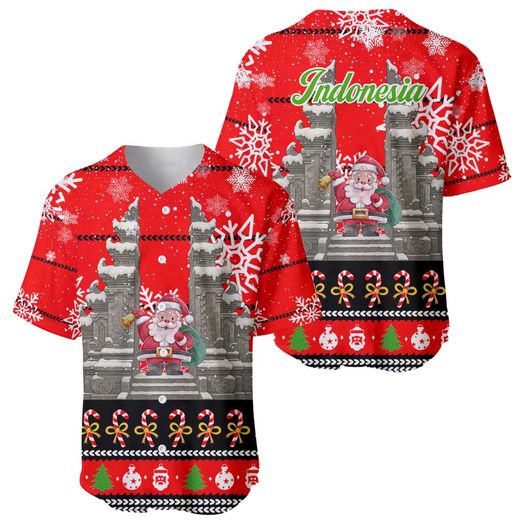 Indonesia Christmas Baseball Jersey with Santa Temple Snowflakes and Red Candy Cane Pattern - Wonder Print Shop