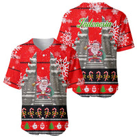 Indonesia Christmas Baseball Jersey with Santa Temple Snowflakes and Red Candy Cane Pattern - Wonder Print Shop
