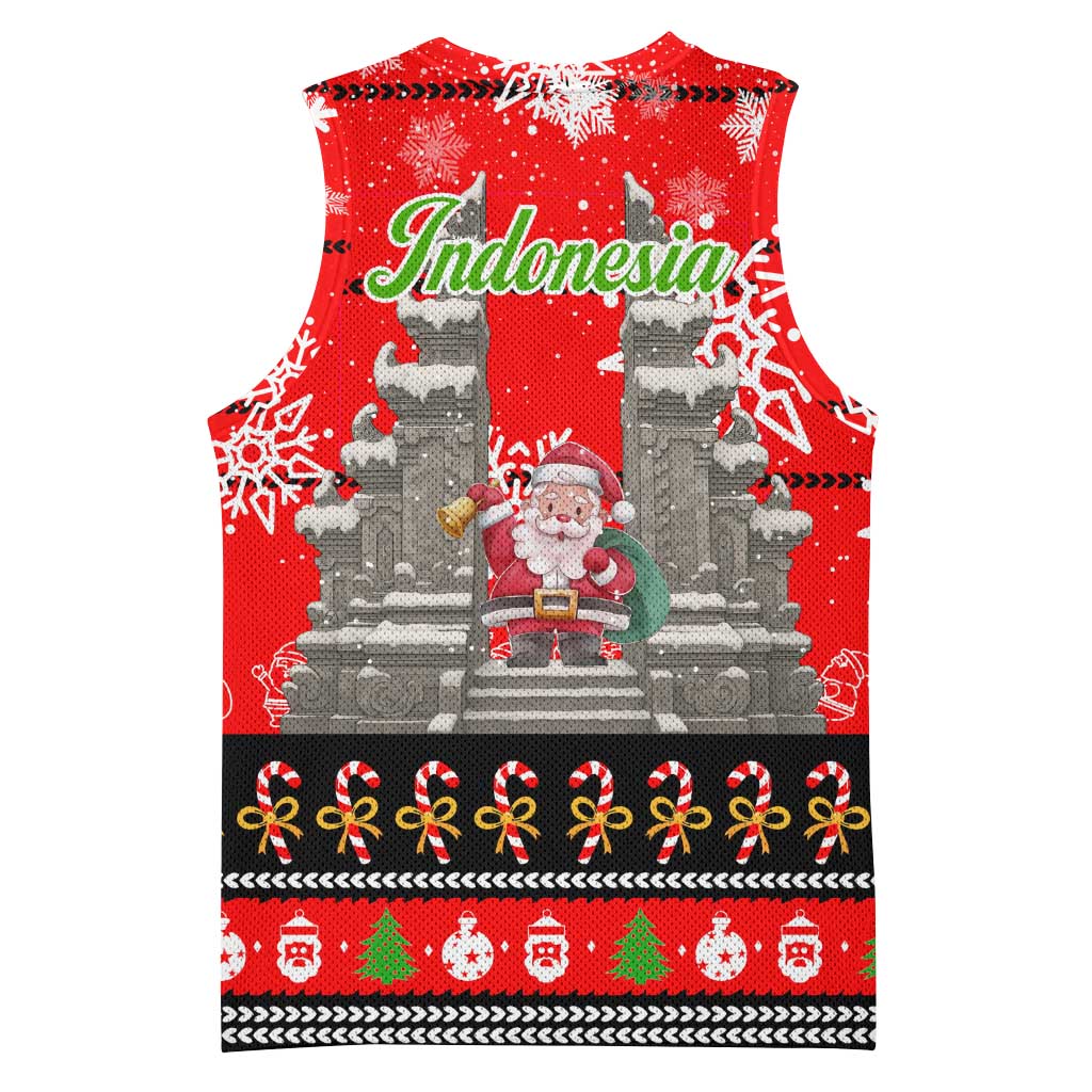 Indonesia Christmas Basketball Jersey with Santa Temple Snowflakes and Red Candy Cane Pattern - Wonder Print Shop