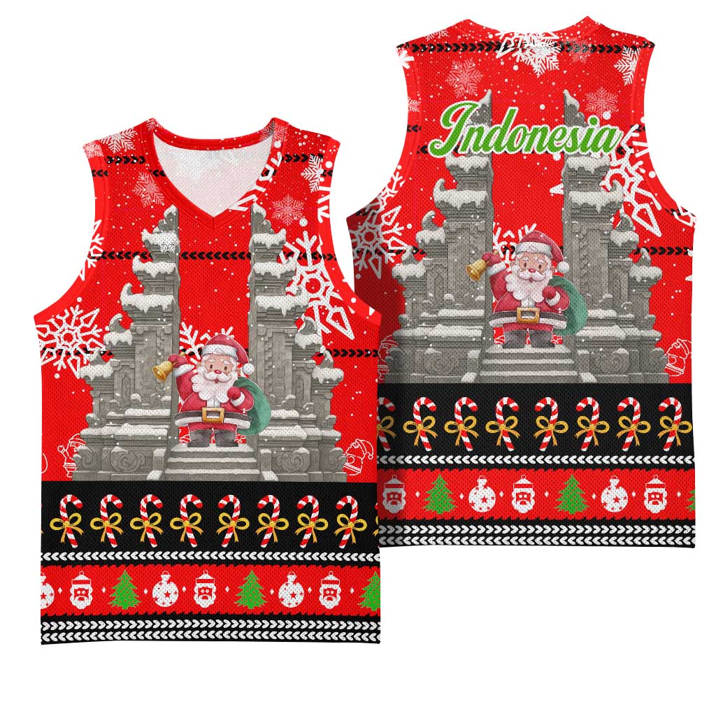 Indonesia Christmas Basketball Jersey with Santa Temple Snowflakes and Red Candy Cane Pattern - Wonder Print Shop