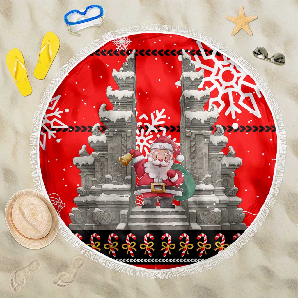 Indonesia Christmas Beach Blanket with Santa Temple Snowflakes and Red Candy Cane Pattern - Wonder Print Shop