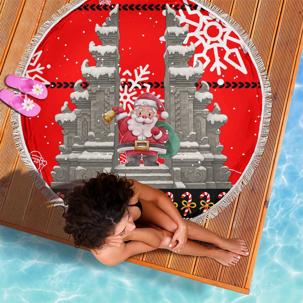 Indonesia Christmas Beach Blanket with Santa Temple Snowflakes and Red Candy Cane Pattern - Wonder Print Shop