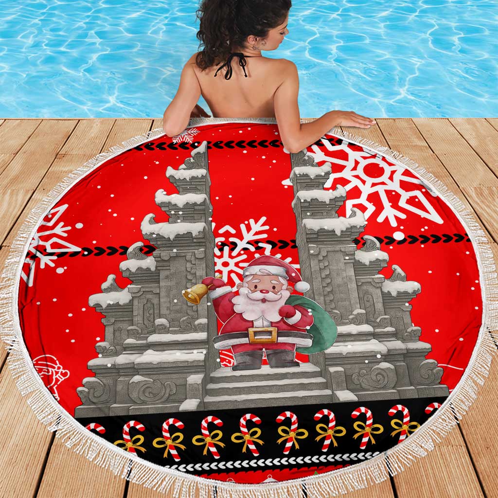 Indonesia Christmas Beach Blanket with Santa Temple Snowflakes and Red Candy Cane Pattern - Wonder Print Shop