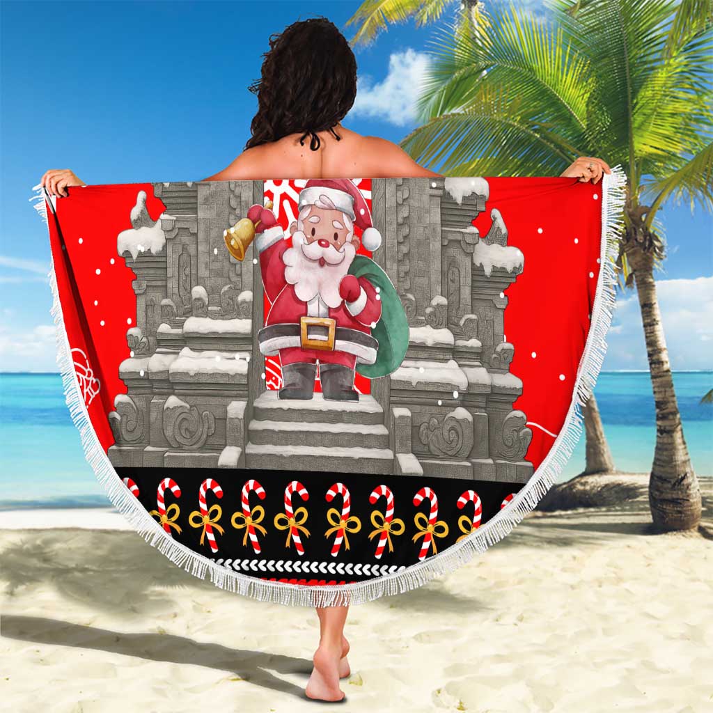 Indonesia Christmas Beach Blanket with Santa Temple Snowflakes and Red Candy Cane Pattern - Wonder Print Shop