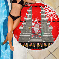 Indonesia Christmas Beach Blanket with Santa Temple Snowflakes and Red Candy Cane Pattern - Wonder Print Shop
