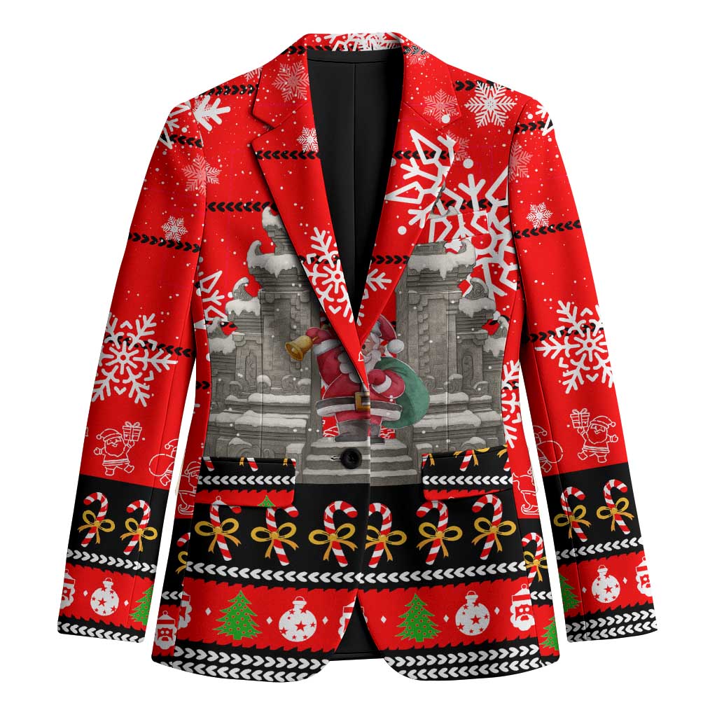 Indonesia Christmas Blazer with Santa Temple Snowflakes and Red Candy Cane Pattern - Wonder Print Shop
