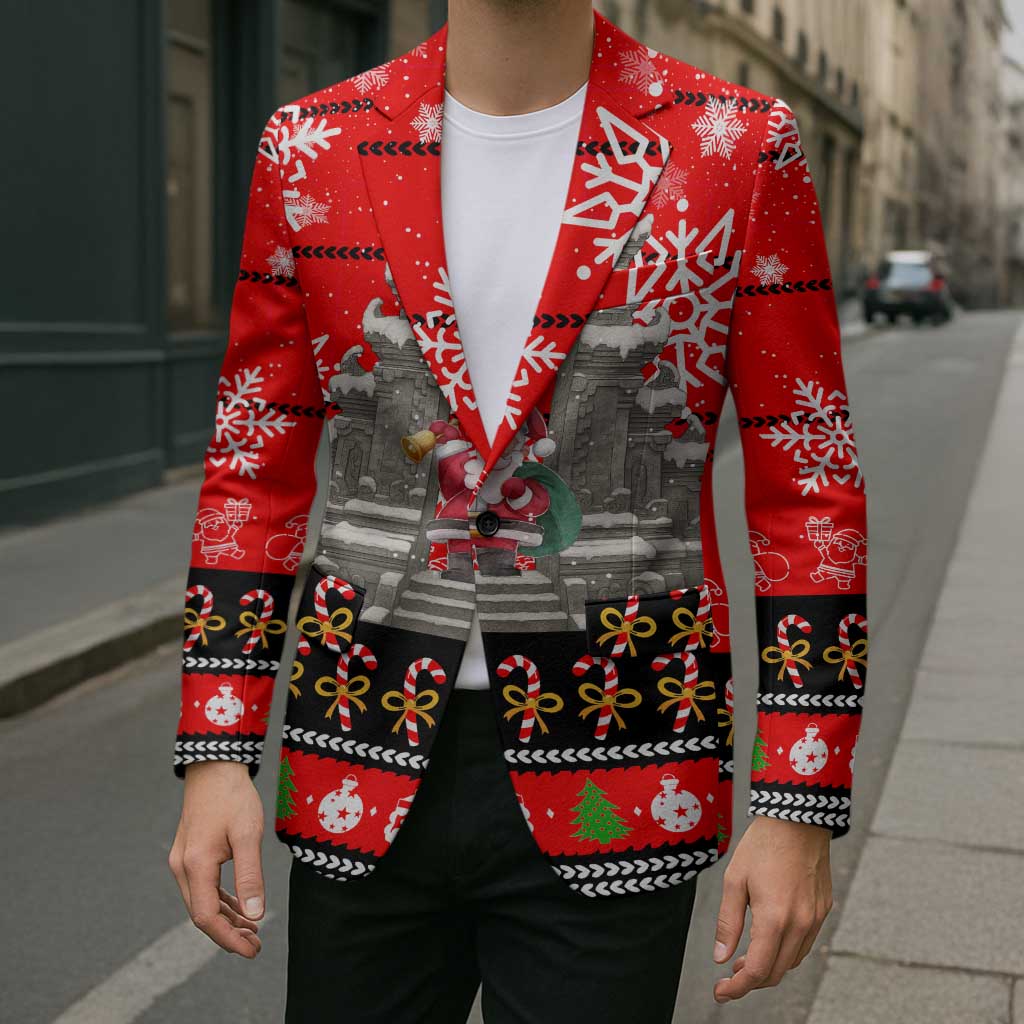 Indonesia Christmas Blazer with Santa Temple Snowflakes and Red Candy Cane Pattern - Wonder Print Shop