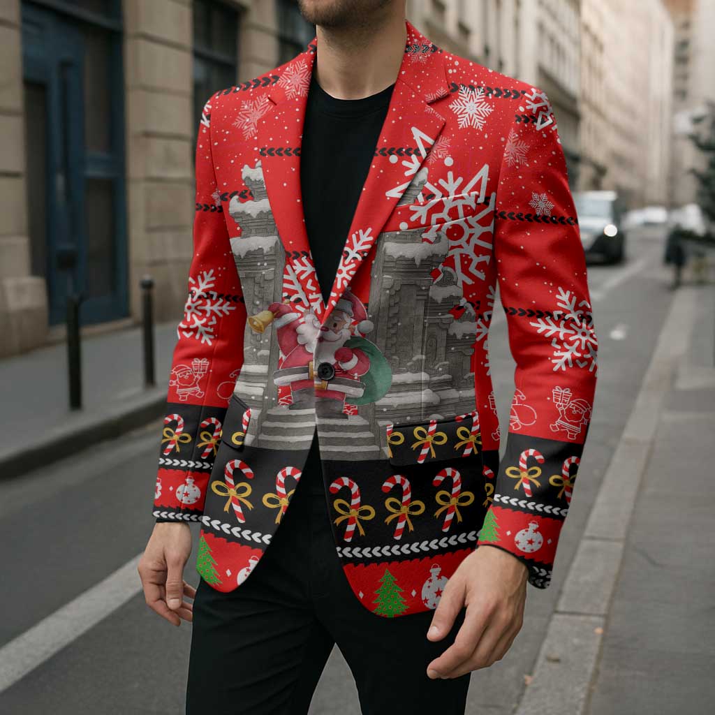 Indonesia Christmas Blazer with Santa Temple Snowflakes and Red Candy Cane Pattern - Wonder Print Shop