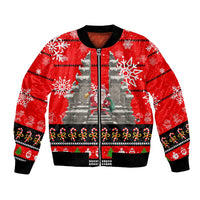 Indonesia Christmas Bomber Jacket with Santa Temple Snowflakes and Red Candy Cane Pattern - Wonder Print Shop