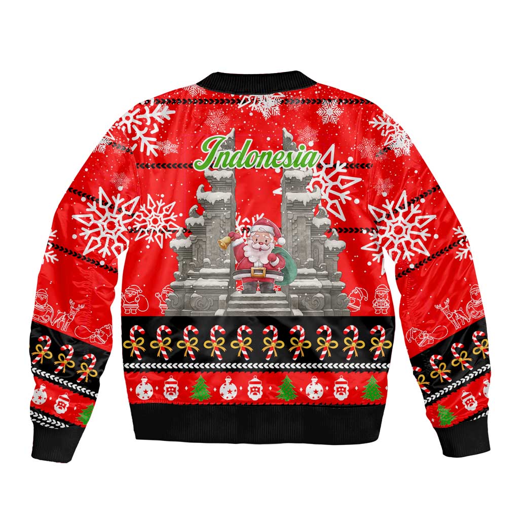 Indonesia Christmas Bomber Jacket with Santa Temple Snowflakes and Red Candy Cane Pattern - Wonder Print Shop