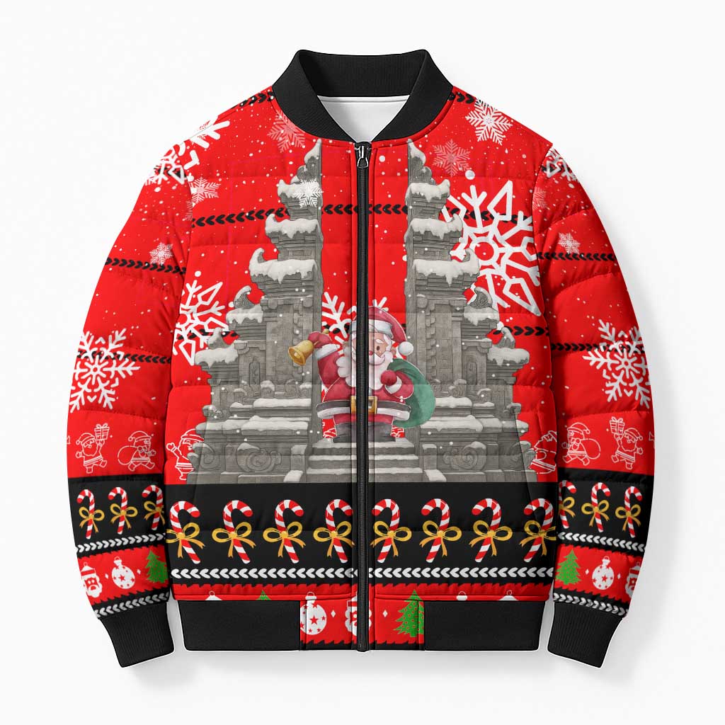 Indonesia Christmas Bomber Puffer Jacket with Santa Temple Snowflakes and Red Candy Cane Pattern - Wonder Print Shop