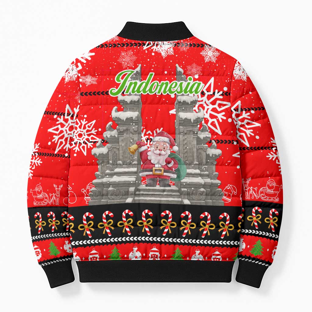 Indonesia Christmas Bomber Puffer Jacket with Santa Temple Snowflakes and Red Candy Cane Pattern - Wonder Print Shop