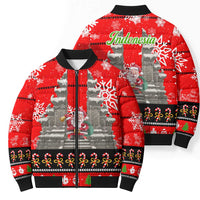Indonesia Christmas Bomber Puffer Jacket with Santa Temple Snowflakes and Red Candy Cane Pattern - Wonder Print Shop