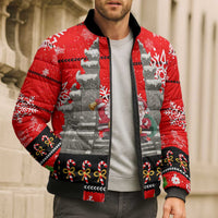 Indonesia Christmas Bomber Puffer Jacket with Santa Temple Snowflakes and Red Candy Cane Pattern - Wonder Print Shop