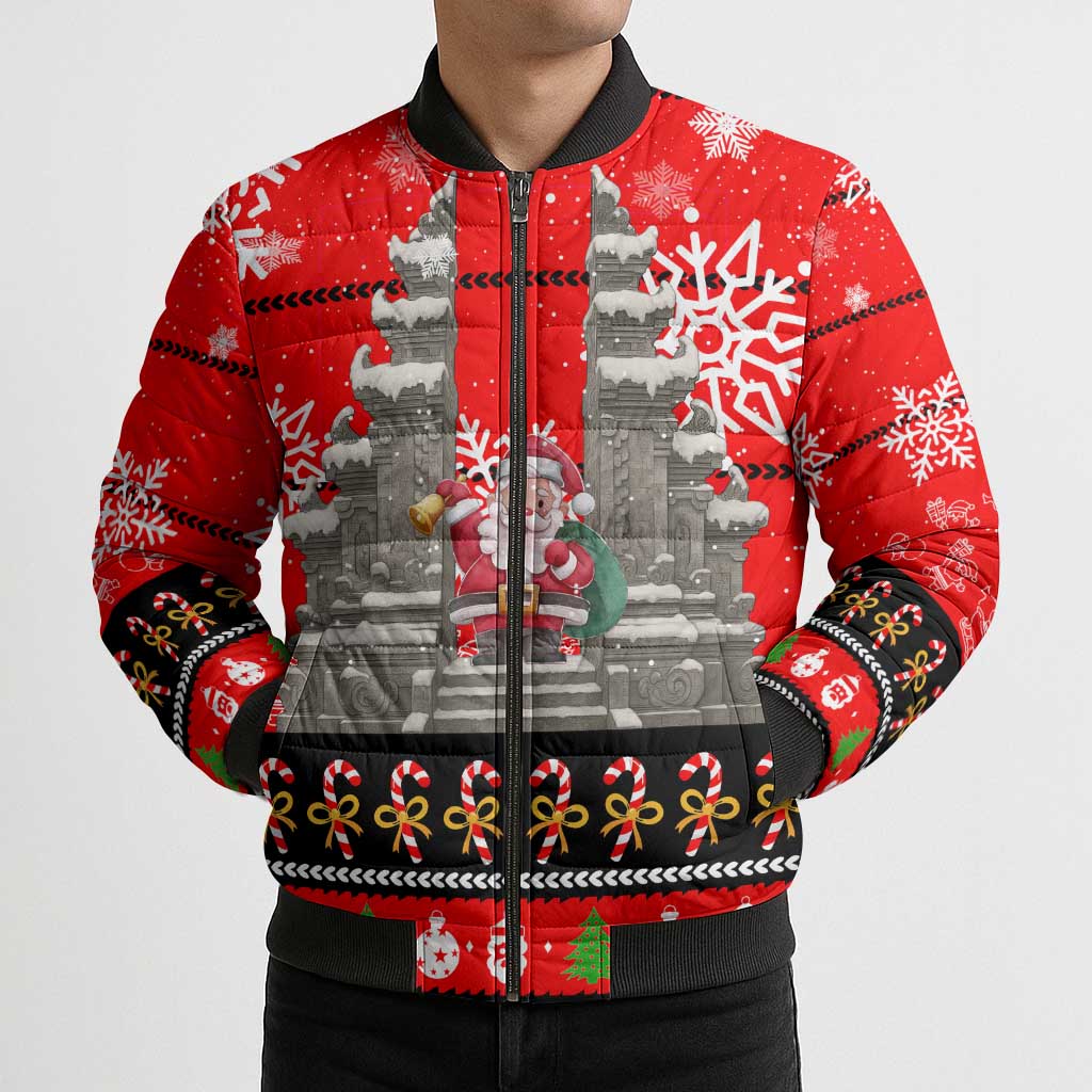Indonesia Christmas Bomber Puffer Jacket with Santa Temple Snowflakes and Red Candy Cane Pattern - Wonder Print Shop